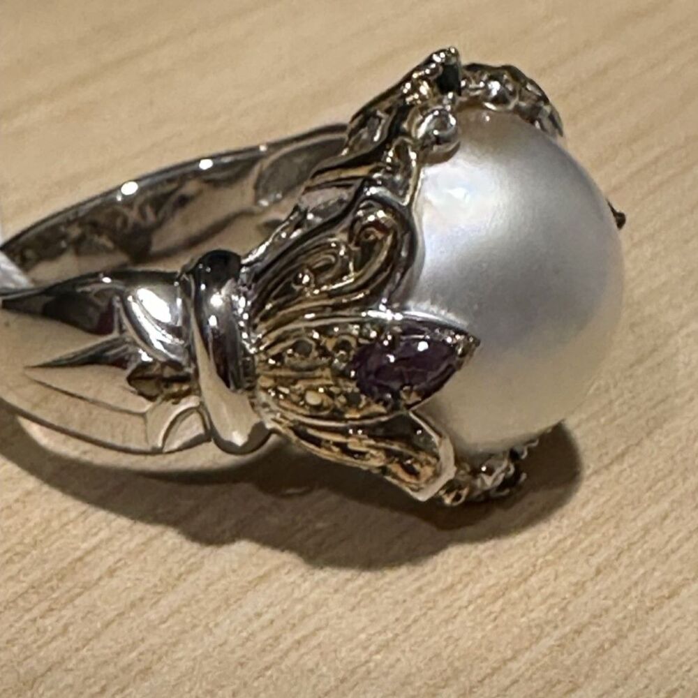 Gems en Vogue Sterling Palladium Large Pearl Amethyst Filigree Ring Size 10 NEW